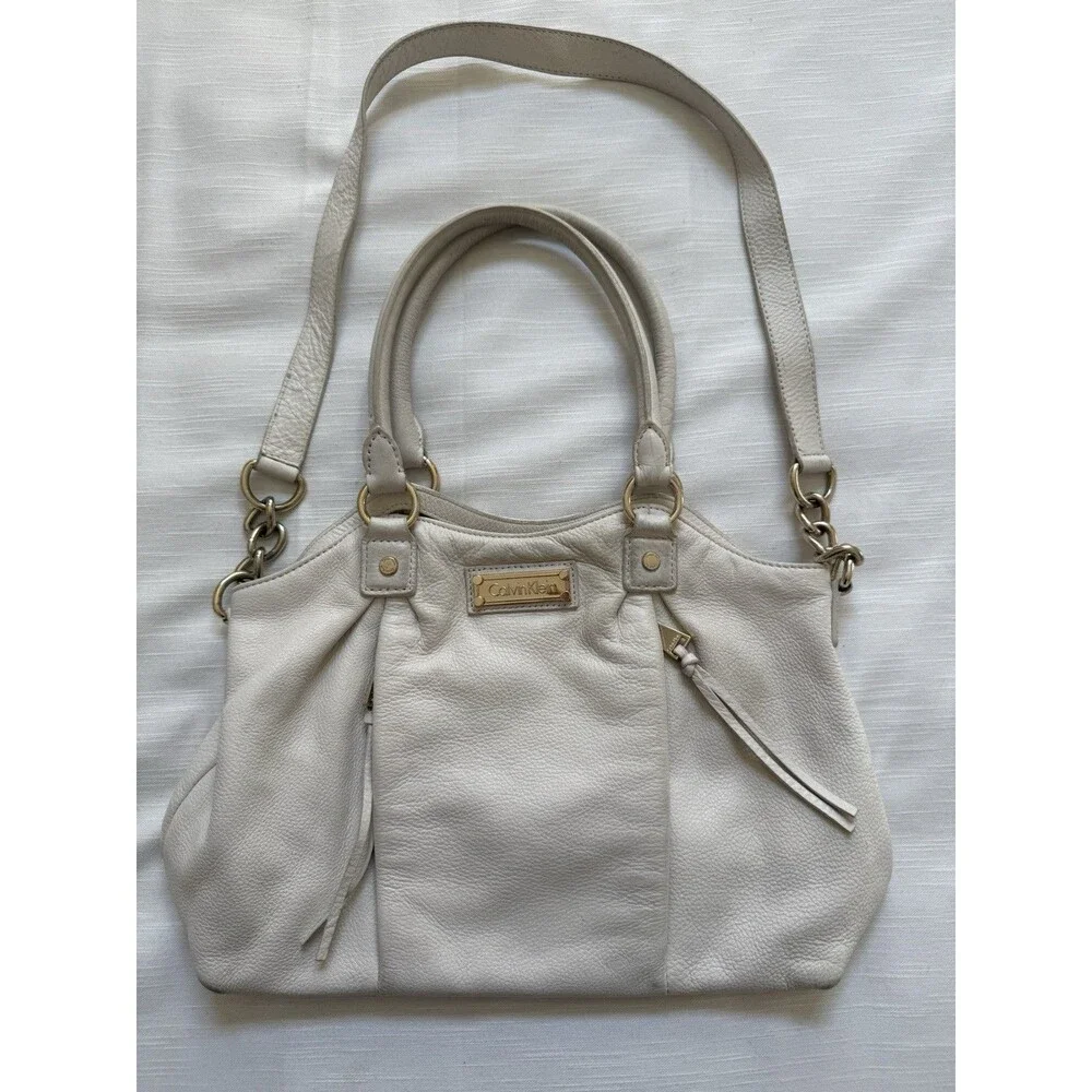 Calvin Klein Ivory Leather Double Strap Satchel Shoulder Handbag